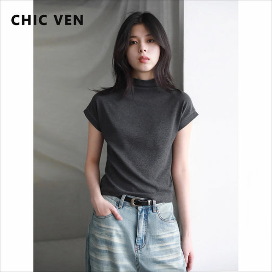 CHIC VEN Women T-Shirts Solid Half High Neck Slim Fit Tees  Elastic Basic Female Bottom Top Spring Autumn 2025