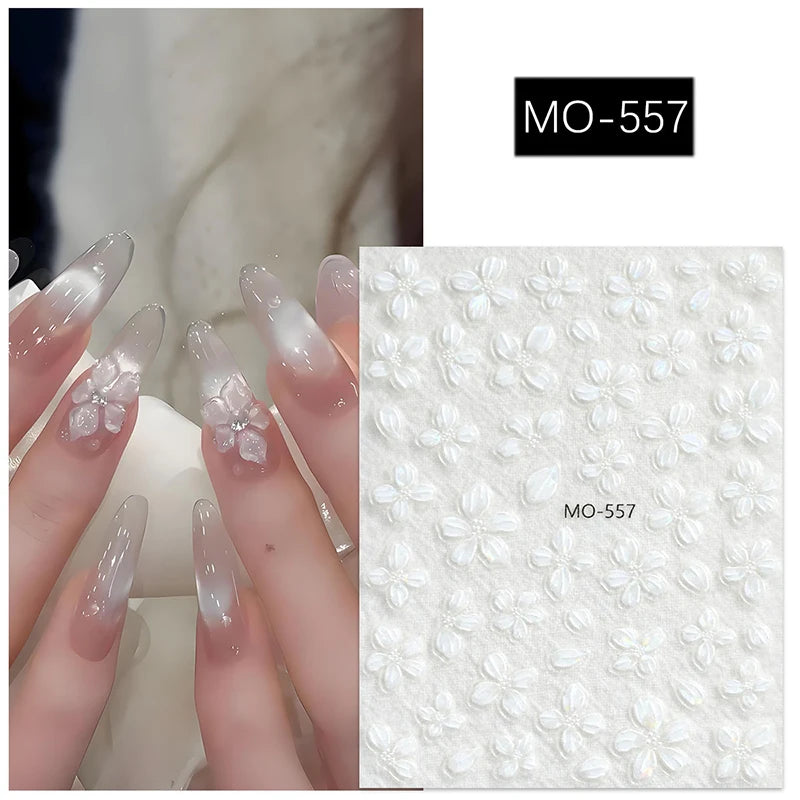 5D Embossed Nail Art Decals Elegant Petals Florals Daisy Flowers Leaves Adhesive Sliders Stickers For Manicure Tips Decoration