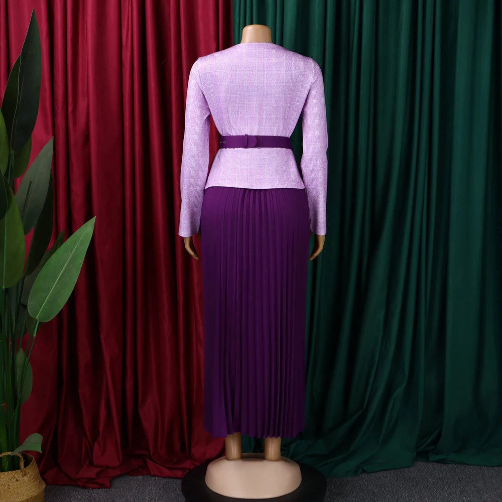 JENYAGE Women 2 Piece Plaid Long Sleeve Jacket & Pleated Midi Skirt Set Elegant Formal Church Business Party Matching Suit