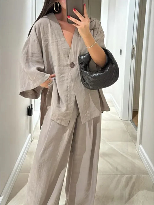 Cozy Cotton Linen Women's 2 Piece Set Casual V Neck Single Button Shirt Wide Leg Pants Suit Lady Summer Commute Streetwear 2025