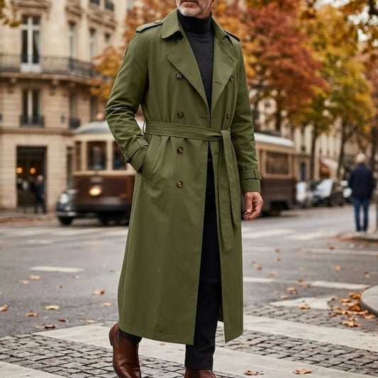 Men's Overknee-Length Trench Double-Breasted Windbreaker Belt Windproof Coat Street Casual Outerwear Loose Long Jacket