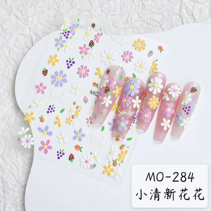 5D Embossed Nail Art Decals Elegant Petals Florals Daisy Flowers Leaves Adhesive Sliders Stickers For Manicure Tips Decoration