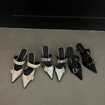 Women's Pointed-Toe Buckle Mules in Heel Options