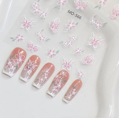 5D Embossed Nail Art Decals Elegant Petals Florals Daisy Flowers Leaves Adhesive Sliders Stickers For Manicure Tips Decoration