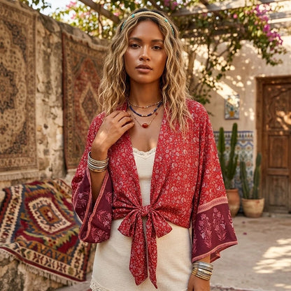 Vintage Multi Floral Boho Kimono Short Robe Swimsuits Women Fashion Batwing Sleeves Rayon Bohemian Bikini Cover Ups Beachwear