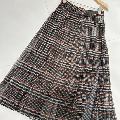 Lightweight Retro Plaid Mesh Midi Skirt with a Mid-Rise Versatile and Fashionable