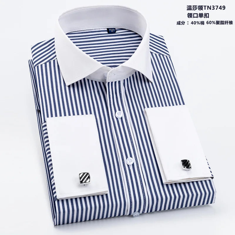 Quality Men Casual Slim Fit Shirt Mens Long Sleeve Business Dress Shirts French Cufflinks Shirt Male Striped Shirt