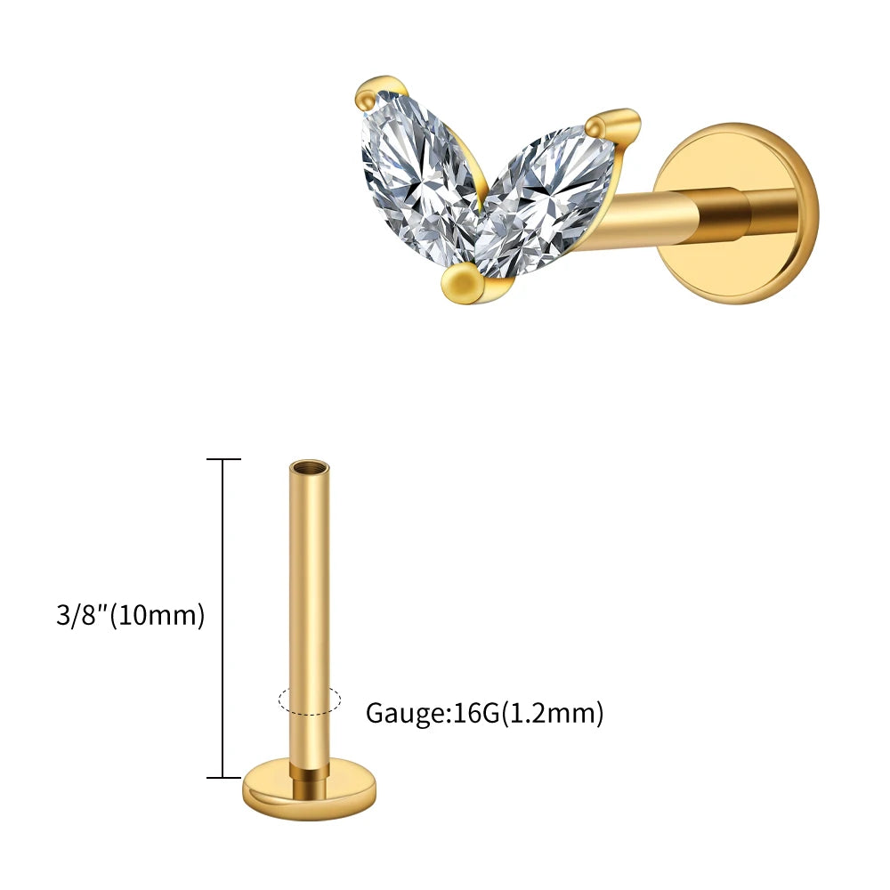 Right Grand ASTM F136 Titanium Tiny Double Marquise CZ Labret Stud Earring 16G Heart CZ Cartilage Helix Tragus Conch Piercing