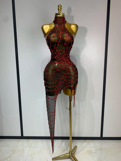 Women Luxury Black Mesh See Through Crystal Diamond Bodycon Dress Sexy Evening Party Club Nightclub Dress Singer Stage Costume