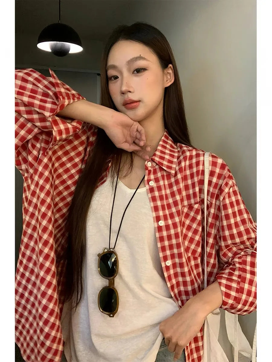 2026 Y2k Autumn Women New Vintage Red Plaid Turn-down Collar Over-shirt Long Sleeve Streetwear Loose Patchwork Harajuku Blouses