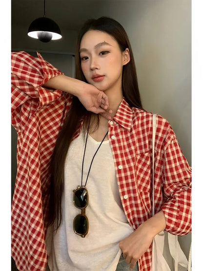 2026 Y2k Autumn Women New Vintage Red Plaid Turn-down Collar Over-shirt Long Sleeve Streetwear Loose Patchwork Harajuku Blouses