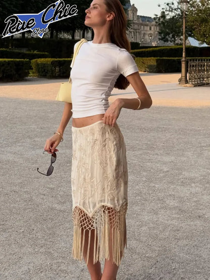 Women's Peach Fringe Bodycon Skirts Women Sexy V-shape Gold Fringe Slim Fit Midi Skirt 2026 Summer Beach Vacation Outfit New