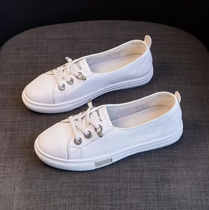 Genuine Leather Casual Sneakers for Women Spring Summer Lace Up Flats Girls Loafers Shoes Ladies Vulcanized Shoes White