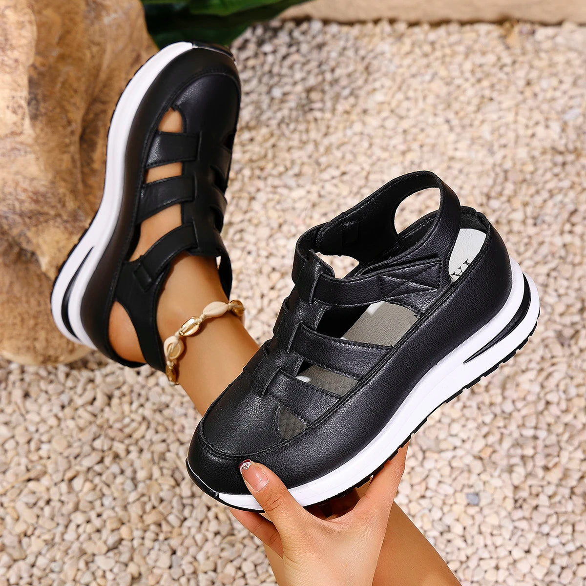 Women Sandals New High Quality Buckle Strap Sandals Women New Closed Toe Office and Career Summer Solid Wedge Shoes for Women