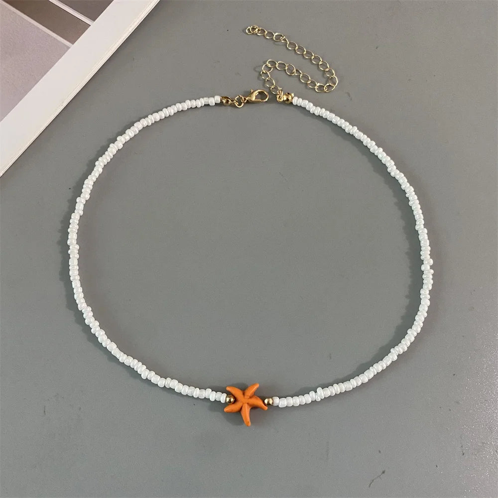 Shell Starfish Woman Short Necklace Summer Holiday Gift Handmade Choker  Seed Beads Neck Jewelry White