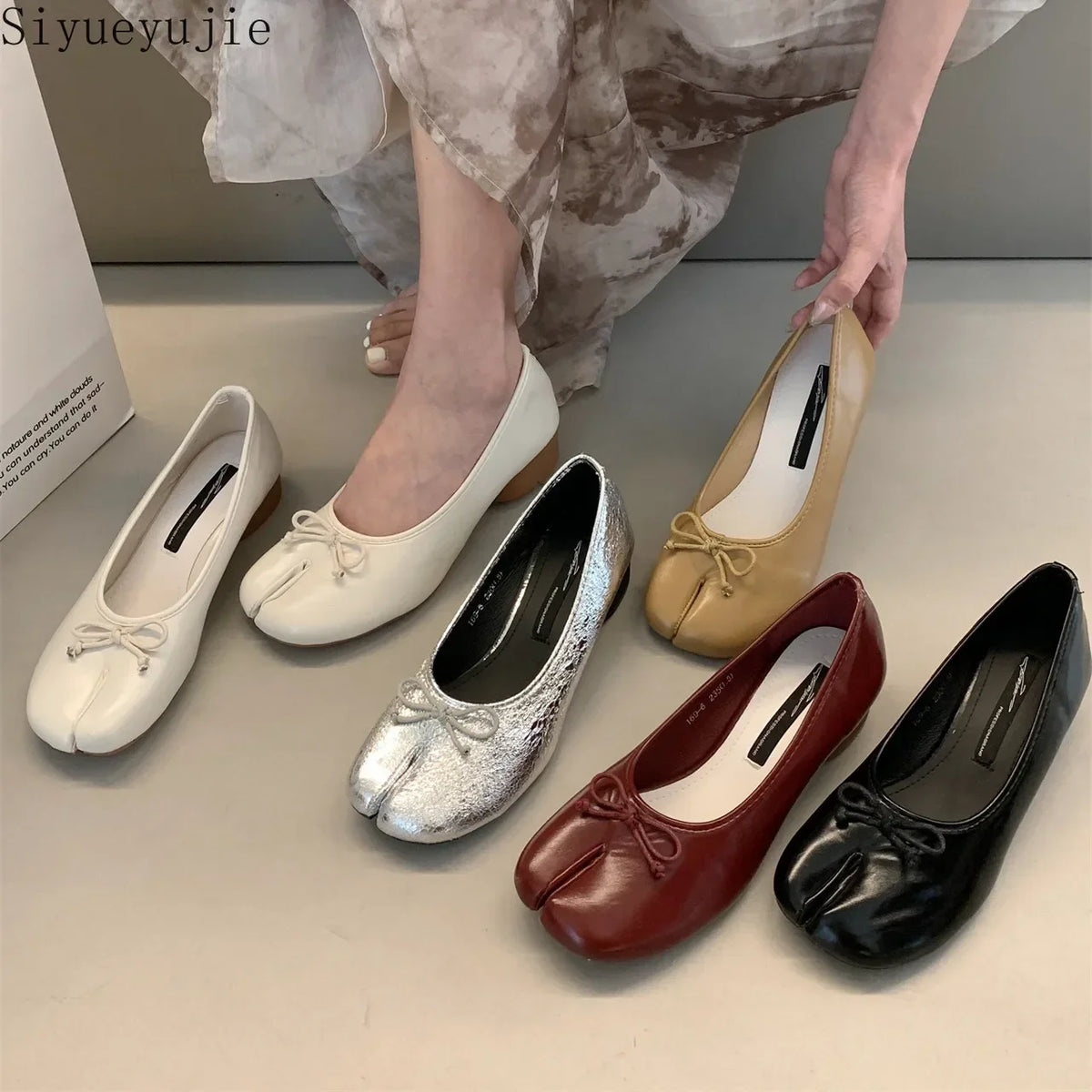Tabi Shoes Ballet Falts Leather Ballerina Shoes For Women Split Toe Flats Tabi Shoes Slip On Soft Bottom Moccasins with Bowknot