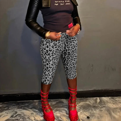 Elegant Sequin Women's Pants Seven Quarter Fashion 2025 Summer Product Leopard Pattern Short Elastic Waist Casual Half Trousers