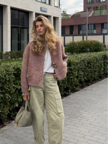 Elegant Tweed Short Coats Women's Loose Fringe Trim Full Sleeves Round Neck Jackets 2026 New Ladies Autumn Office Outwear