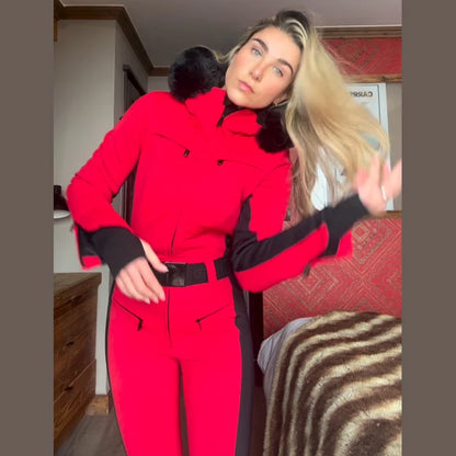 Fur-Trimmed Hooded Belted Ski Suit Slim Windproof Water-Resistant Long Sleeve 2025 Winter Fashion Women Fashion Snow Bodysuit