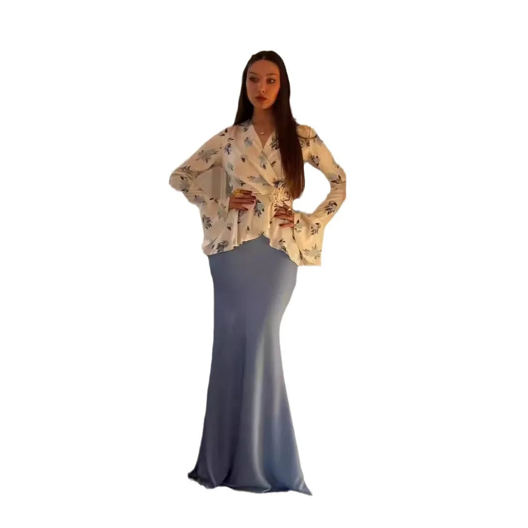 Women 2 Piece Set Muslim Blouse Skirt Flower Print Top Morocco Dubai Islam Outfits 2025 Arabic Elegant Ensemble Long Skirts Suit