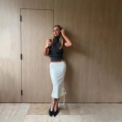 Women Double Side Lace Up Midi Skirt Metal Eyelet Crisscross Tie Bodycon Pencil Skirt Slim High Waist Streetwear Mid Calf Skirt