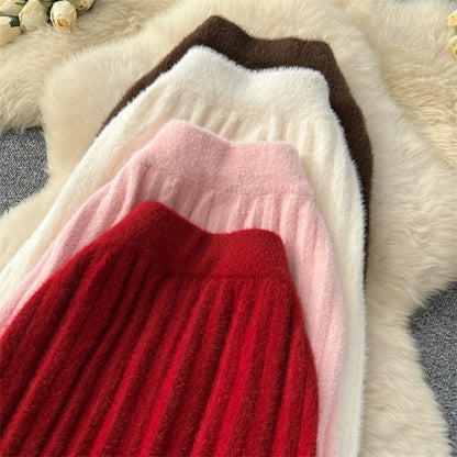 KARWomen Faux Mink Knit Pleated Midi Skirt High Waist Warm Fluffy A-Line Long Skirt Elegant Autumn Winter Solid Color Skirts 690