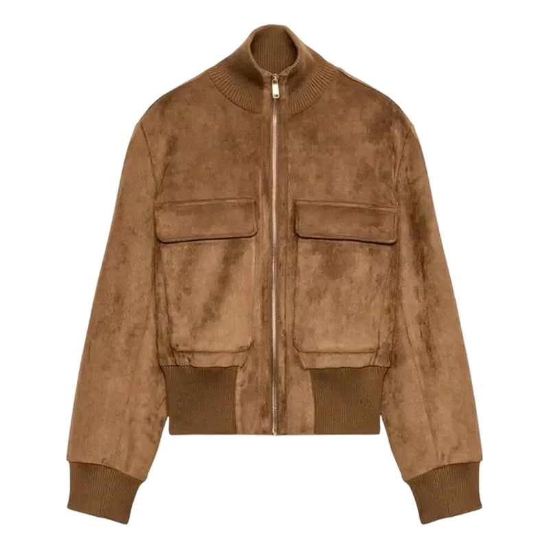 Women's Cropped Bomber Jacket Stand Collar Zipper Patch Pocket Rib Trim Long Sleeve Short Coat Vintage 2026 Autumn Casual Outfit