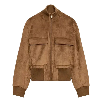 Women's Cropped Bomber Jacket Stand Collar Zipper Patch Pocket Rib Trim Long Sleeve Short Coat Vintage 2026 Autumn Casual Outfit
