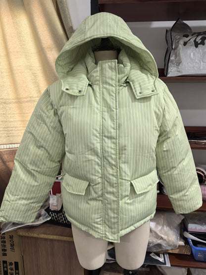 Women's Striped Puffer Jacket Two Piece Set Detachable Hood Cropped Puffer Coat Wide Leg Pants Outfit 2026 Winter Casual Coats