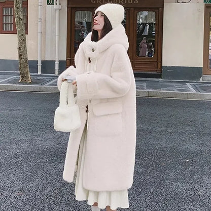 Lamb Fur Jackets Women Overcoat Winter New Plus velvet Thick Warm Parker Jacket Loose Horn Buckle Long Cute Hooded Coat Outwear