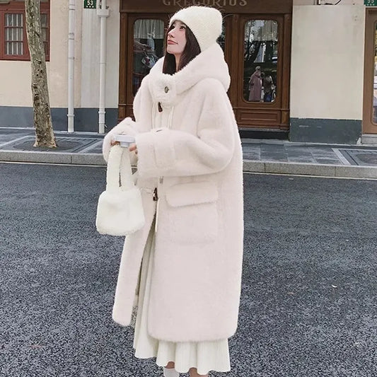 Lamb Fur Jackets Women Overcoat Winter New Plus velvet Thick Warm Parker Jacket Loose Horn Buckle Long Cute Hooded Coat Outwear
