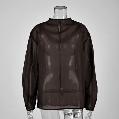 Linad Elegant Brown Mesh O Neck Blouse Women 2025 Sexy Apricot Sheer Shirt Female Autumn Street Chic Loose Long Sleeve Tops New