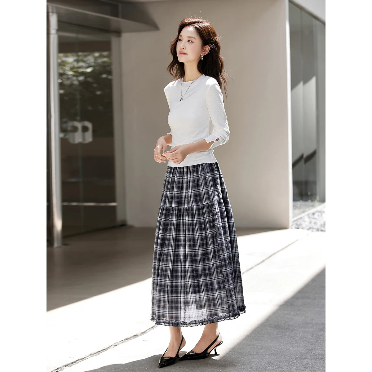 VIMLY Women's Vintage Plaid Skirt 2026 Autumn Casual Vintage Skirts Design Midi Skirt Commute Ruffle A-line Female Skirt A2980
