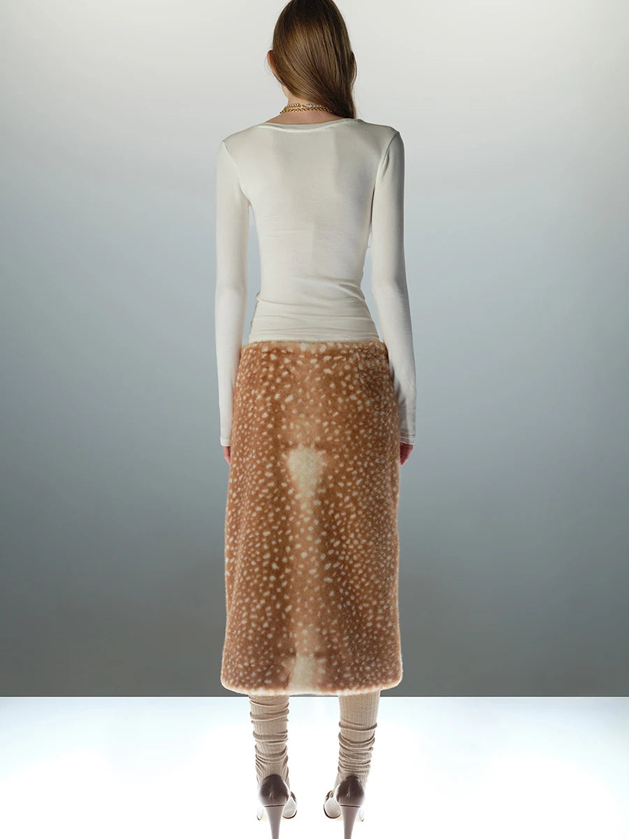 LIMO 2026 New Women Deer Print Faux Fur Skirt High Waist Straight Plush Midi Skirt