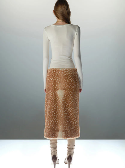 LIMO 2026 New Women Deer Print Faux Fur Skirt High Waist Straight Plush Midi Skirt