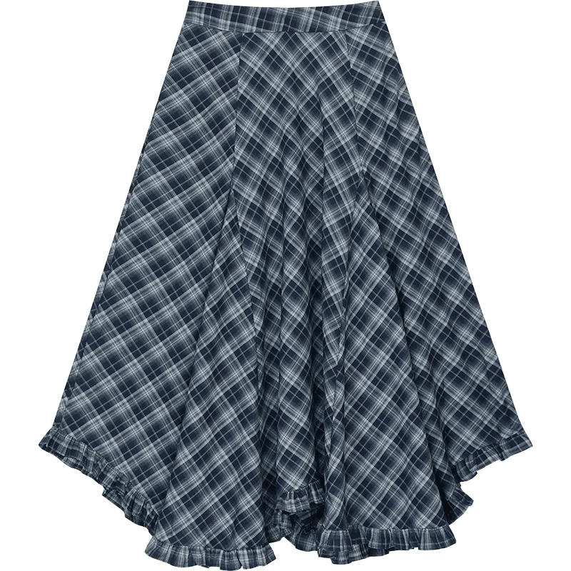 ELFSACK 2025 Autumn New Arrivals Casual Asymmetric Plaid Midi Skirt Irregular Design Long Skirt For Woman