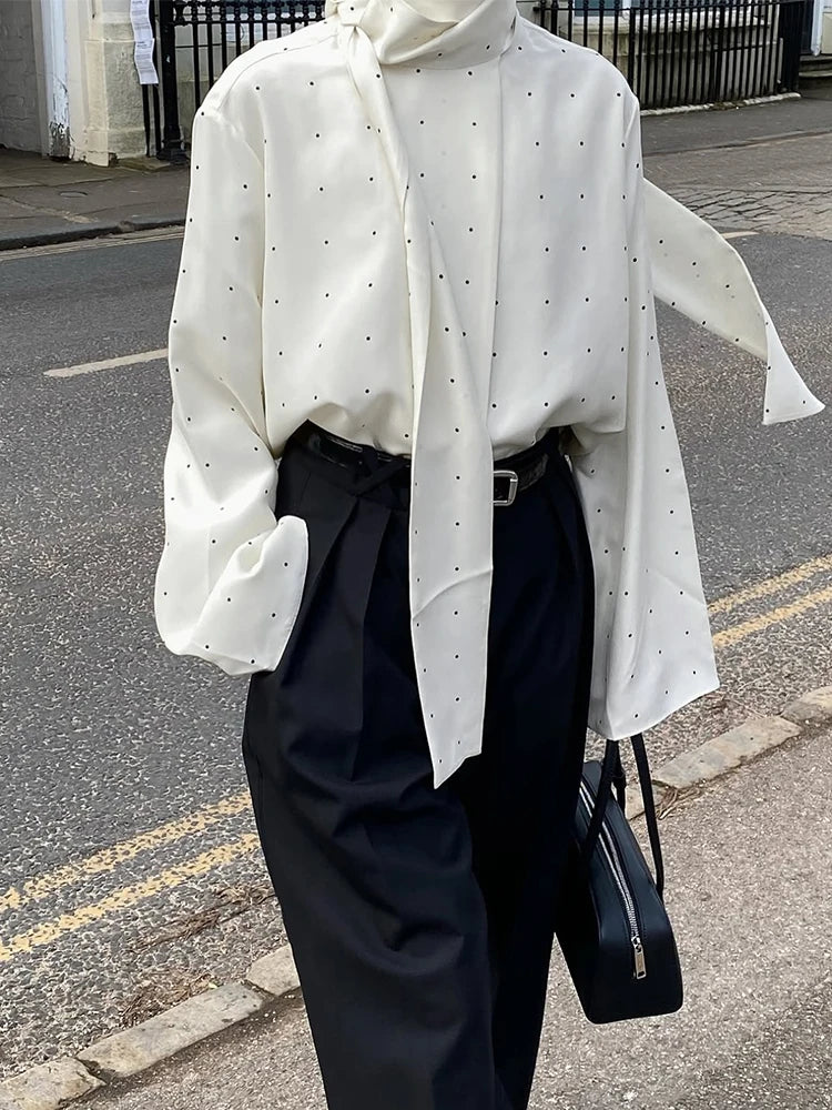 Elegant Women's Polka Dot Scarf Neck Blouses Long Sleeve Loose Shirts 2026 New Casual Commute Office Lady Tops White Black Brown