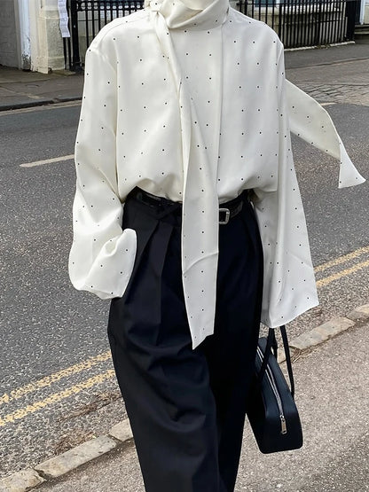 Elegant Women's Polka Dot Scarf Neck Blouses Long Sleeve Loose Shirts 2026 New Casual Commute Office Lady Tops White Black Brown