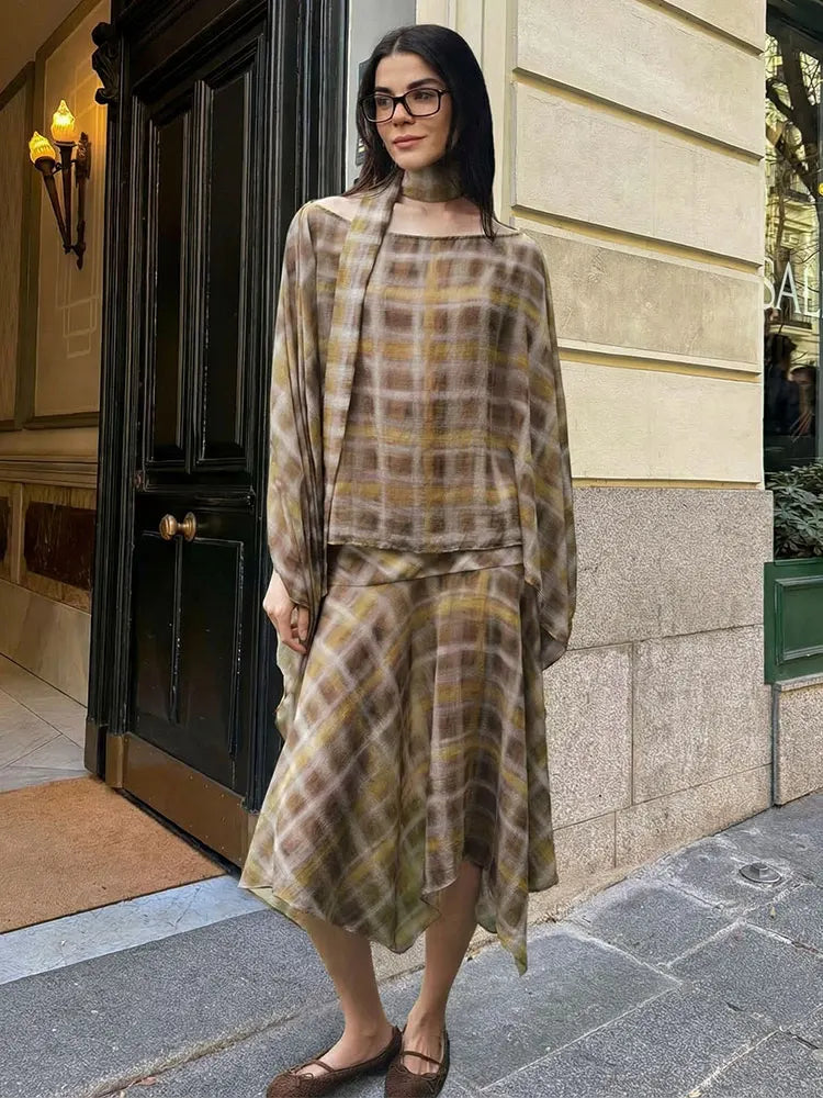 Women's Plaid Cape Top & Asymmetric Skirt Options