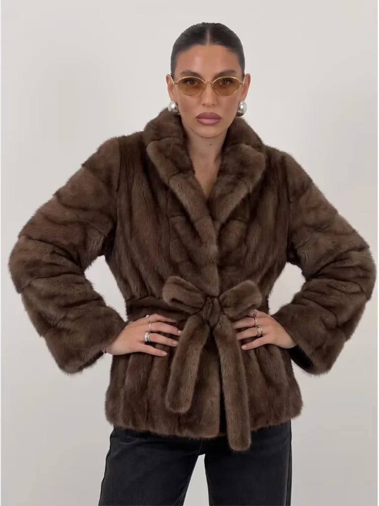 Lady Faux Fur Waist Belt Coat Casual Stand Collar Wide Flare Sleeve Stitched Plush Jacket Soft Thick Warm Winter Outerwear Daily