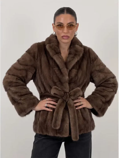 Lady Faux Fur Waist Belt Coat Casual Stand Collar Wide Flare Sleeve Stitched Plush Jacket Soft Thick Warm Winter Outerwear Daily
