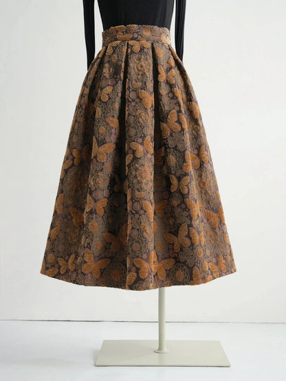 High Quality New Autumn Winter Vintage Butterfly Jacquard Mid-long Umbrella Skirt Elegant High Waist Casual Women Woolen Skirts