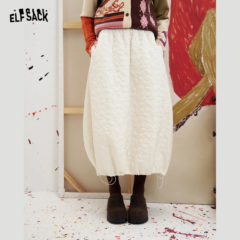 ELFSACK Women's White Quilted Midi Skirt with Pocket, Casual Loose Mid-Calf Skirt for Daily Wear, Cozy Aesthetic Bottom