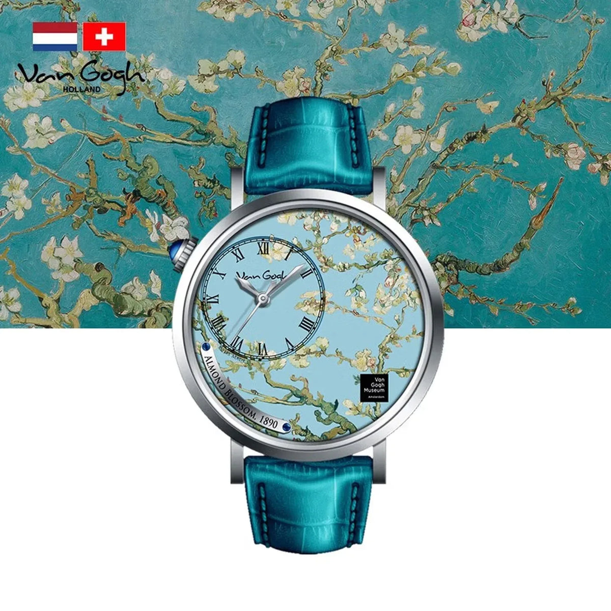 Van Gogh Sunflower Oil Painting Dial Quartz Watch for Women Swiss Movement 36mm Gold Case White Leather Strap