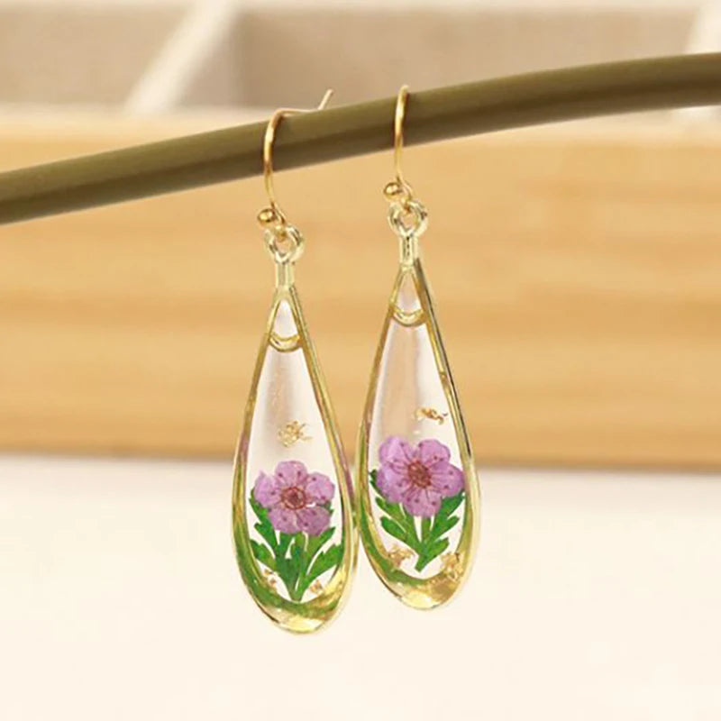 Natural Flower Drop Earrings Unique Epoxy Resin Real Flowers Earrings Elegant Pressed Flowers Earring Wholesale Custom Accessory