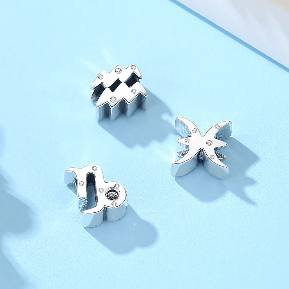 Original 925 Sterling Silver Charms Beads 12 Zodiac A-Z Letters Virgo Aries Fit Brand Bracelets Necklaces Jewelry For Women