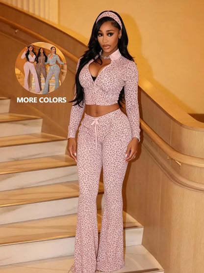 WOMEN'S NEW AUTUMN LEOPARD PRINT SEXY LONG PANTS SET, SPICY GIRL STYLE CASUAL TWO PIECE OUTFIT