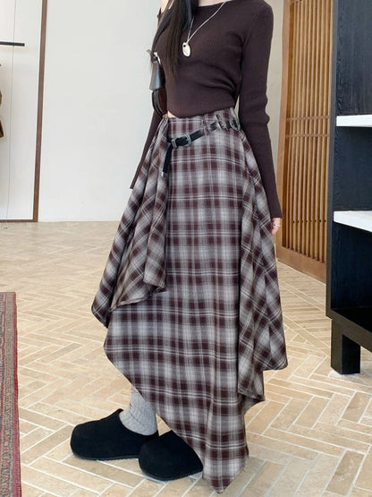 Qiukichonson Long Skirts Women Woolen Skirt 2025 Goth Autumn Winter High Waist Ruffles Asymmetrical Plaid Skirt Maxi With Belt