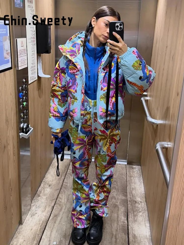 Women's Printed Hooded Ski Jackets Jumpsuit Sets Long Sleeve Zipper Short Coats Straight Leg Overalls 2026 Winter Lady Ski Suits