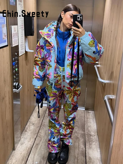 Women's Printed Hooded Ski Jackets Jumpsuit Sets Long Sleeve Zipper Short Coats Straight Leg Overalls 2026 Winter Lady Ski Suits